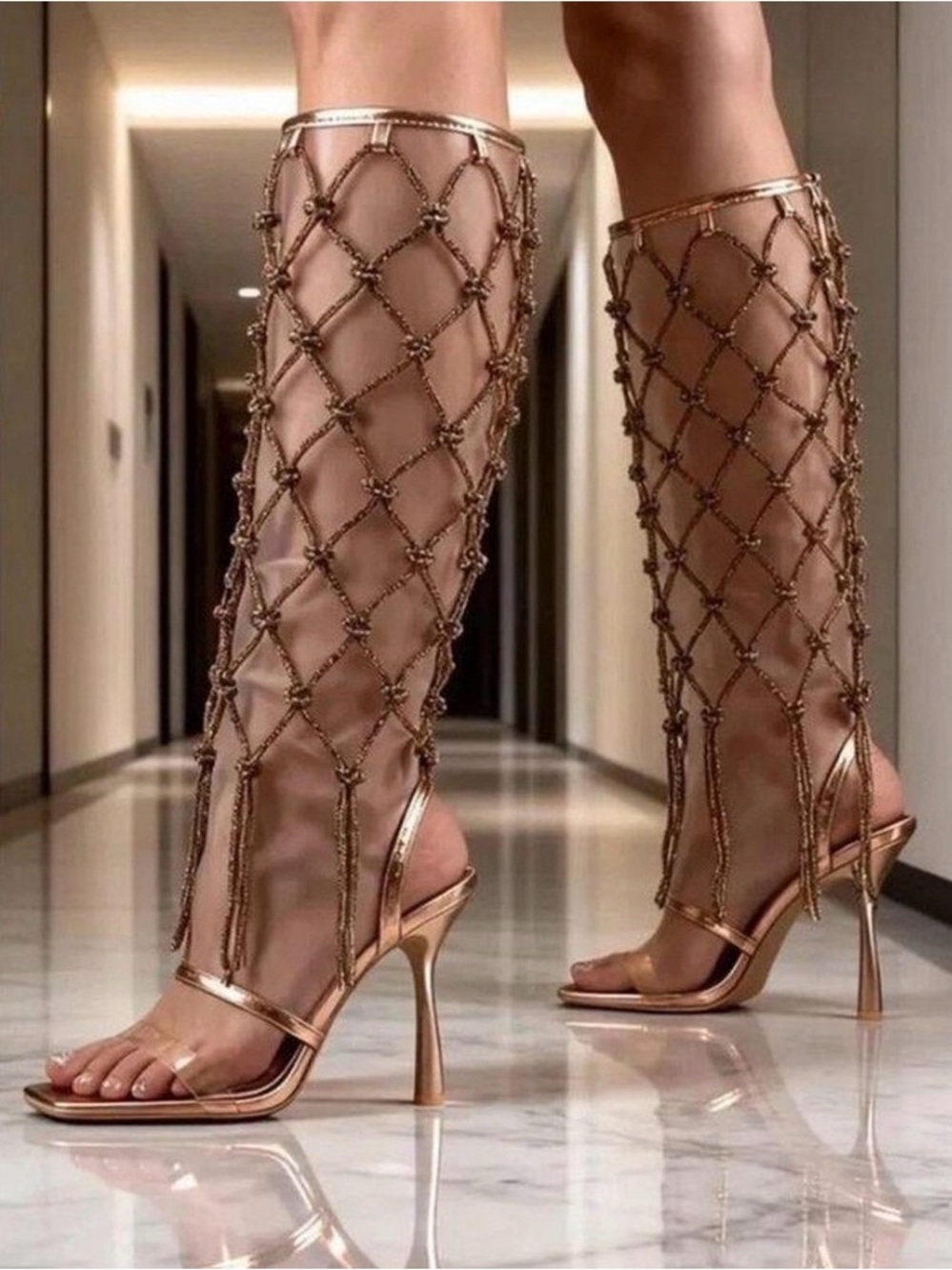 Cape Robbin Metallic Rose Gold Net Knee-High Stiletto Boots